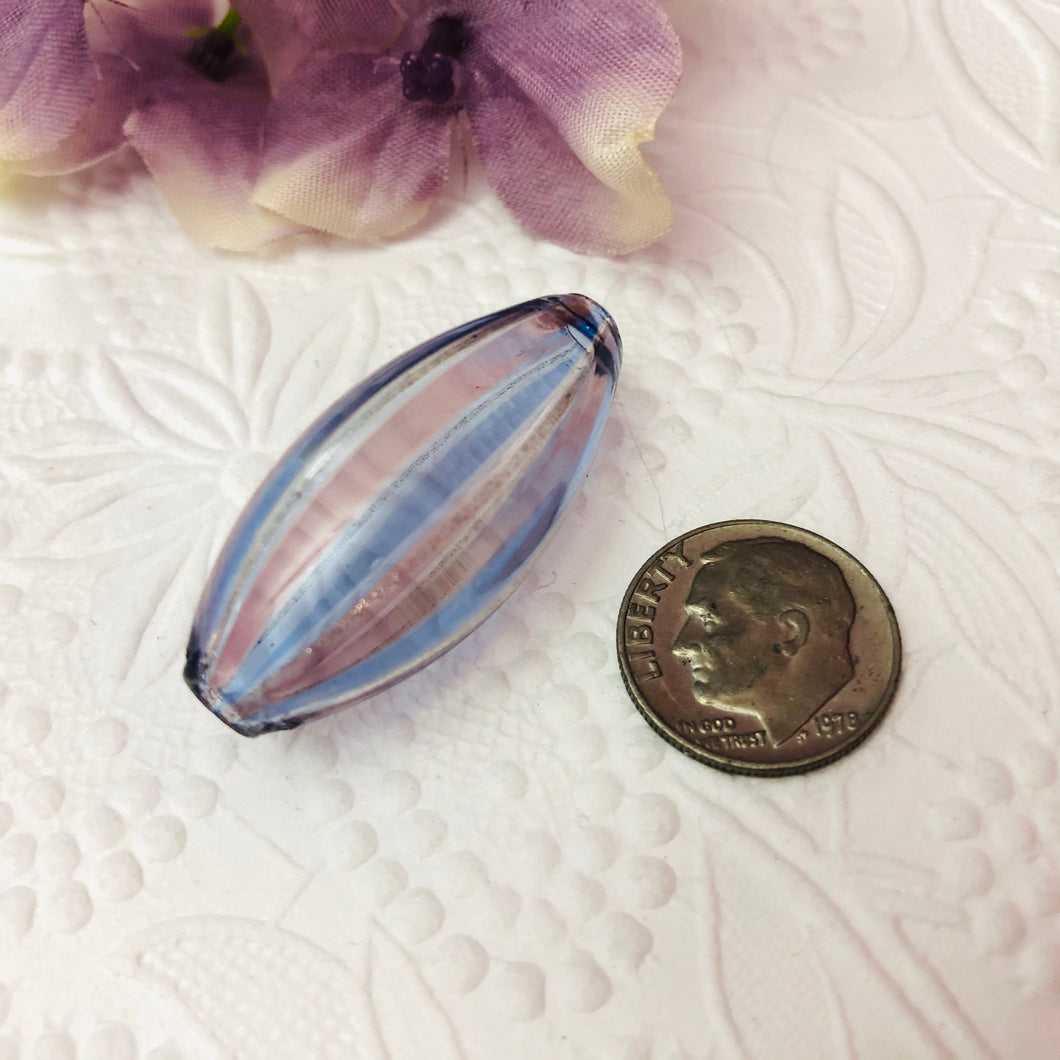 Murano Blown Light Purple and Blue Striped Oval Bead, 35MM