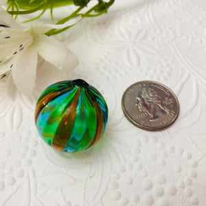Mouth Blown Murano Green, Copper and Aqua Glass Bead, 25MM