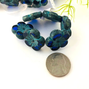 Sapphire Blue Hibiscus Flower with Turquoise Wash and Picasso Finish, 21MM