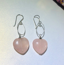 Load image into Gallery viewer, Rose Quartz Heart-Shaped Dangle Earrings in Sterling Silver

