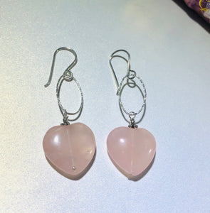 Rose Quartz Heart-Shaped Dangle Earrings in Sterling Silver