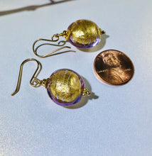 Load image into Gallery viewer, Murano Glass Gold Lavender Disc Earrings in 14K Gold Fill
