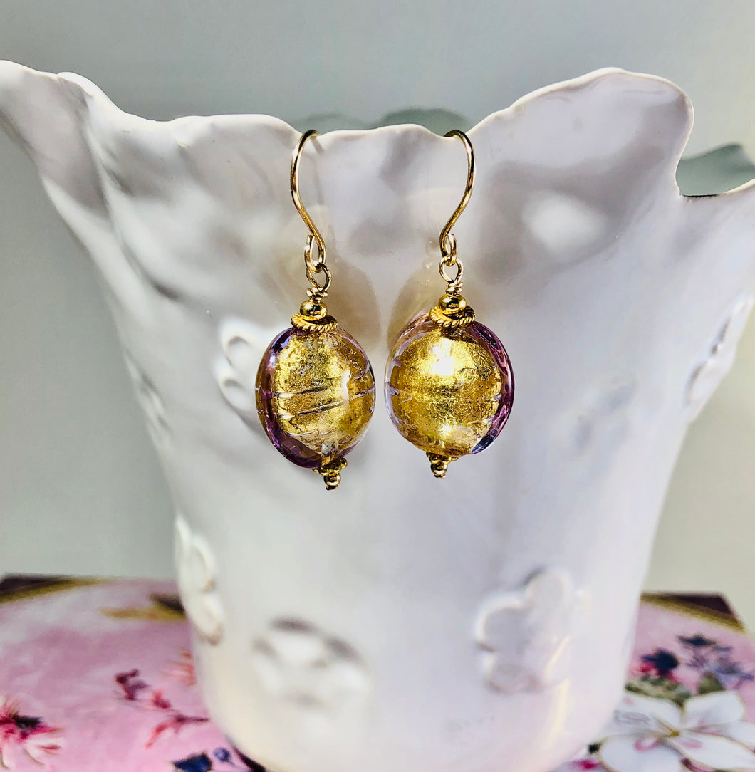 Murano Glass Gold Lavender Disc Earrings in 14K Gold Fill