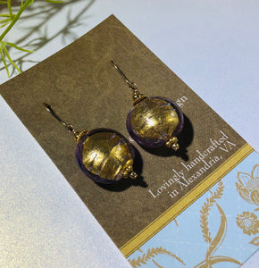 Murano Glass Gold Lavender Disc Earrings in 14K Gold Fill