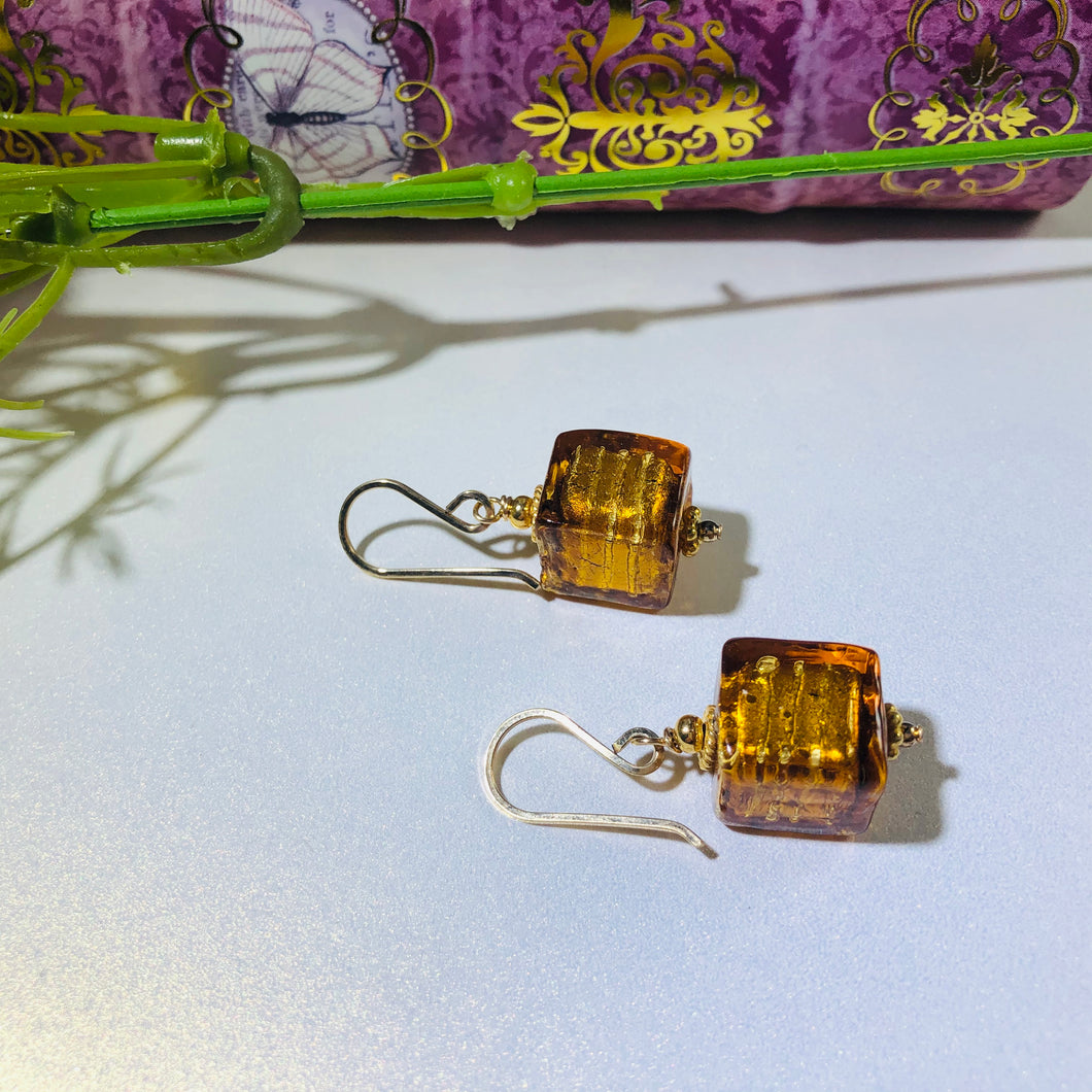 Murano Glass Large Gold Cube Earrings in 14K Gold Fill