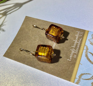 Murano Glass Large Gold Cube Earrings in 14K Gold Fill
