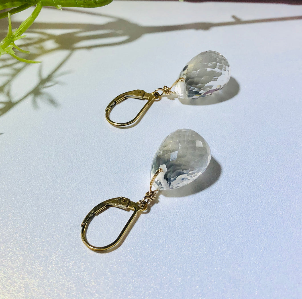 Large Crystal Quartz Briollet Earrings in Gold Fill