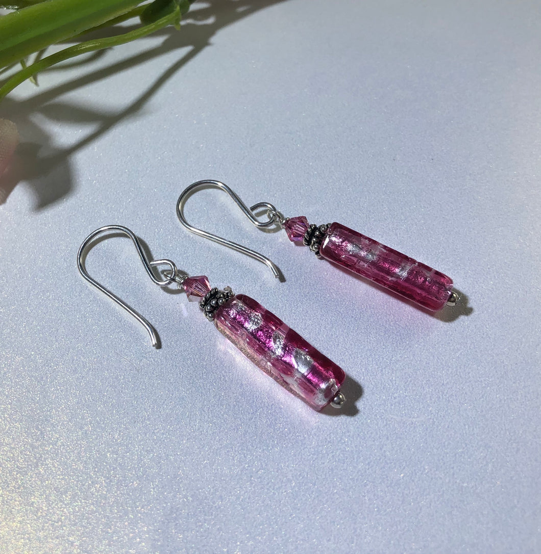 Murano  Glass Long Silver Foil and Pink Glass Earrings in Sterling Silver
