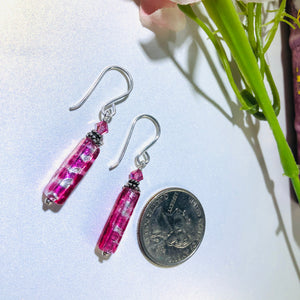 Murano  Glass Long Silver Foil and Pink Glass Earrings in Sterling Silver