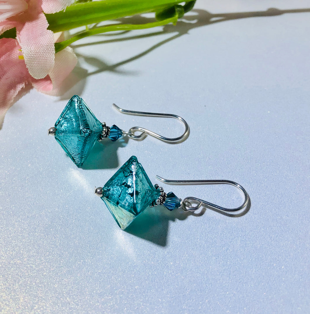 Murano Glass Teal Abstract Earrings in Sterling Silver
