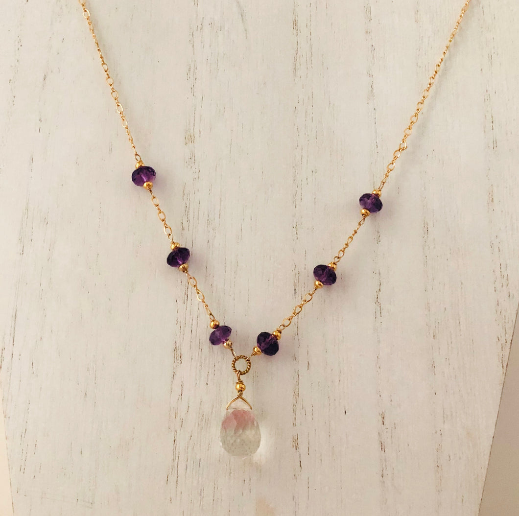 Crystal Quartz and Amethyst Necklace in Gold Fill
