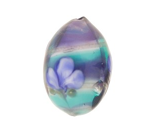 Murano Glass Blue and Aqua Oval Blue Flower Motif Bead, 20MM