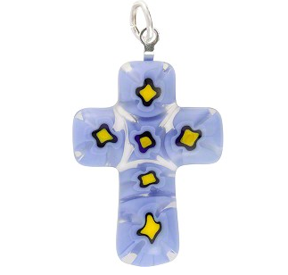 Murano Millefiori Glass Blue and Yellow Cross, 31MM to 40MM