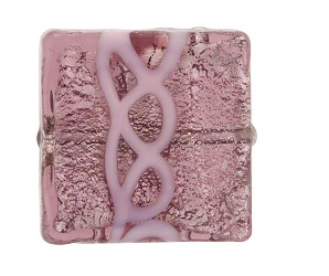 Murano Foil Glass Pink Loops Amethyst White Gold Square, 19MM