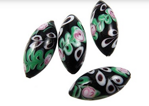 Murano Glass Lampwork Black and Pink Oval Bead, 30MM