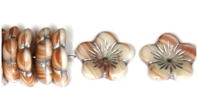 White/Salmon Puffed Flower Beads, Czech 15MM
