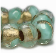 Load image into Gallery viewer, Aqua Green and Gold Large Hole Roller Bead, 8MM x 12MM
