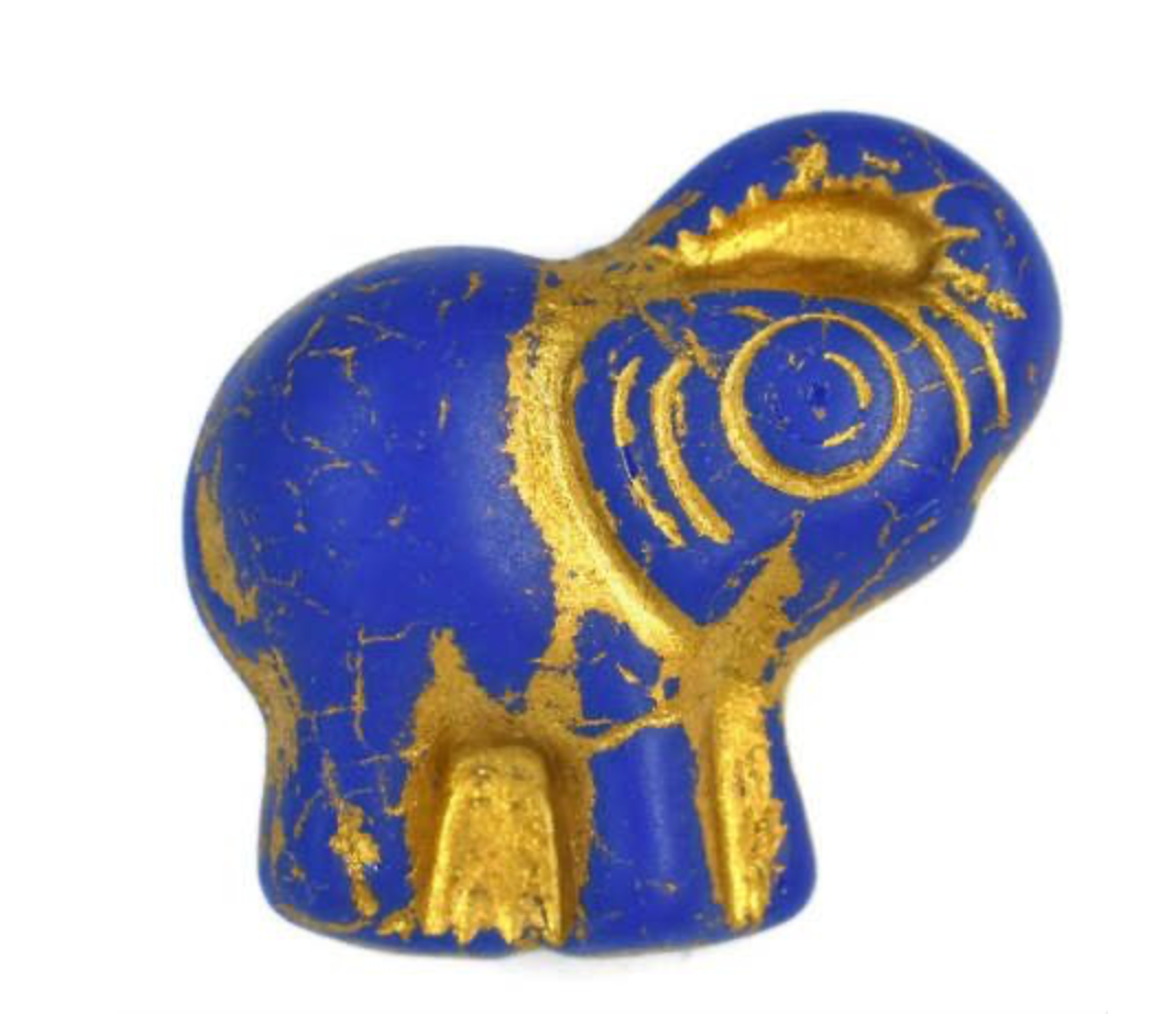 Indigo with Gold Wash Czech Glass Elephant, 20 x 23 MM