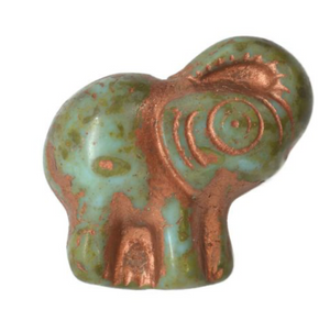 Czech Glass Green Elephant with Copper Wash Finish, 20 x 23 MM