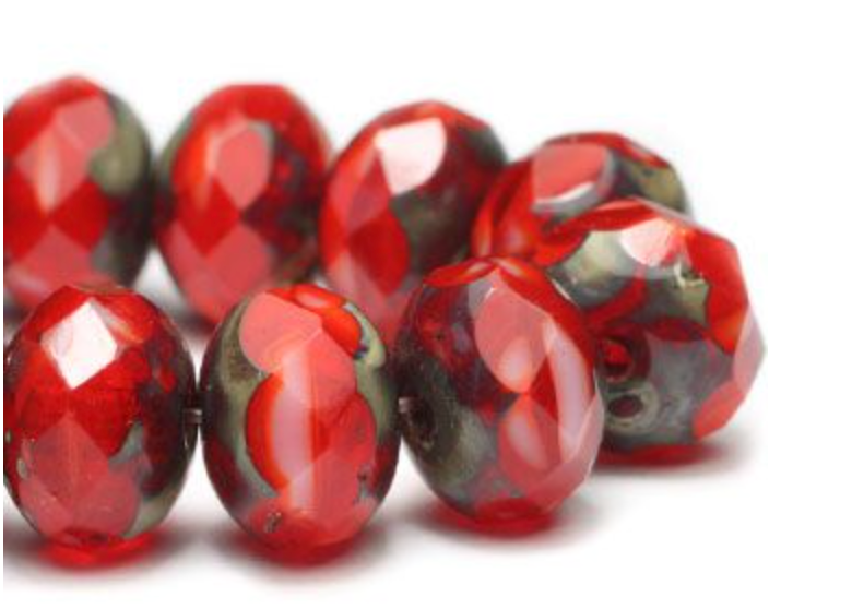 Czech Glass Scarlet Red Rondelle, White with Picasso Finish, 6x8mm