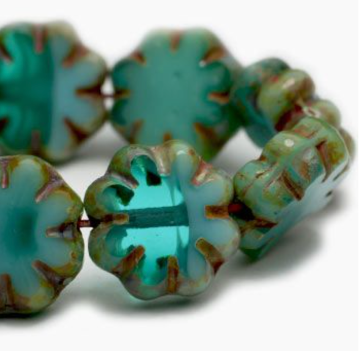 Czech Glass Cactus Flower Sea Green and Sky Blue with Picasso Finish, 9 MM