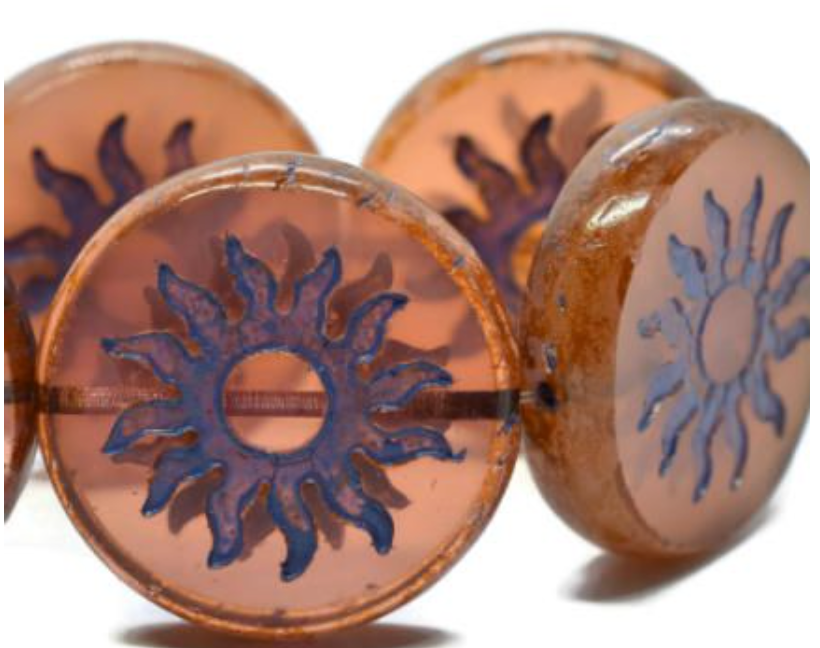 Czech Glass Coin Sun Rosewood with a Violet Wash and Picasso Finish, Table Cut