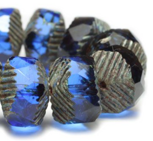 Czech Glass Curvy Rondelle Sapphire with Picasso Finish, 10 MM x 14 MM