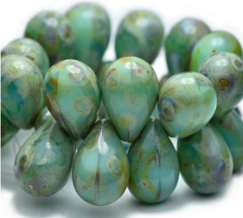 Czech Glass Sea Green Drop with Picasso Finish, 6 MM x 9 MM