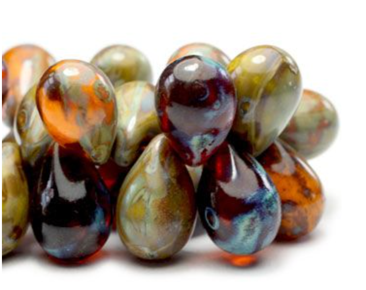 Czech Glass Drop Mix of Brown, Orange and Olive with Picasso Finish 6 Mm x 9 MM