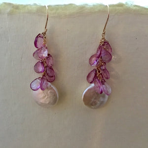 Large White Coin Pearl and Pink Topaz Earrings in 14K Gold Fill