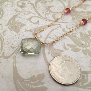 Green Amethyst and Fuchsia Necklace in 14K Gold Fill