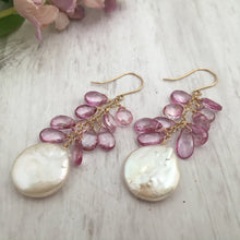 Load image into Gallery viewer, Large White Coin Pearl and Pink Topaz Earrings in 14K Gold Fill
