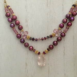Two Strand Rose Quartz and Burgundy Pearl Necklace in 14K Gold Fill