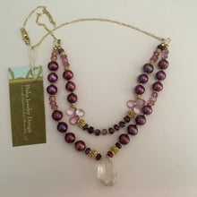 Load image into Gallery viewer, Rose Quartz and Two-Strand Burgundy Pearl Necklace in 14K Gold Fill

