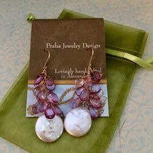 Load image into Gallery viewer, Large White Coin Pearl and Pink Topaz Earrings in 14K Gold Fill
