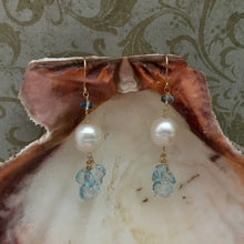 Load image into Gallery viewer, Swiss Blue Topaz and Pearl Earrings in 14K Gold Fill

