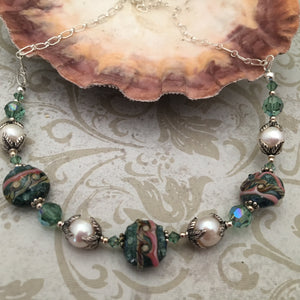 Green Lamp Work Glass and Freshwater Pearl Necklace in Sterling Silver