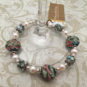 Lampwork Glass and Freshwater Pearl Bracelet in Sterling Silver