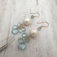 Load image into Gallery viewer, Swiss Blue Topaz and Pearl Earrings in 14K Gold Fill
