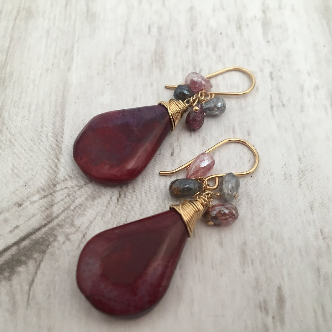 Large Red Jasper and Spinel Earrings in 14K Gold Fill