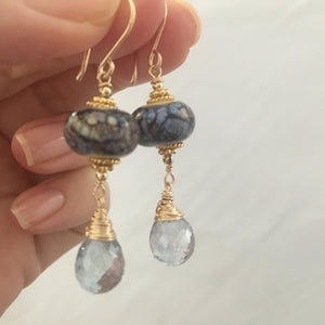 Blue Lampwork and Gemstone Earrings in 14K Gold Fill