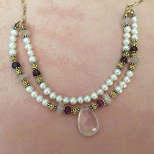 Rose Quartz and Freshwater Pearl Necklace in 14K Gold Fill