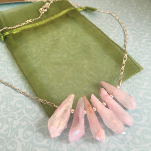 Raw Pink Quartz Point Stone Necklace in Sterling Silver