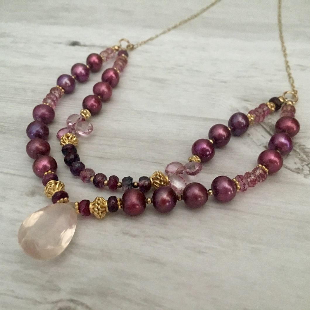 Rose Quartz and Two-Strand Burgundy Pearl Necklace in 14K Gold Fill