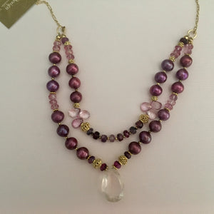 Rose Quartz and Two-Strand Burgundy Pearl Necklace in 14K Gold Fill
