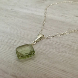 Large Cushion Cut Green Amethyst Necklace in Sterling Silver