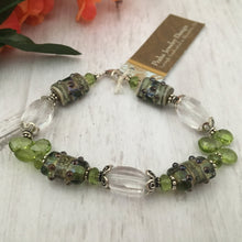 Load image into Gallery viewer, Lampwork Glass Bead Bracelet with Peridot and Crystal Quartz in Sterling Silver
