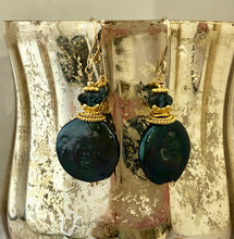 Load image into Gallery viewer, Large Green Coin Pearl and London Blue Topaz Earrings in 14K Gold Fill
