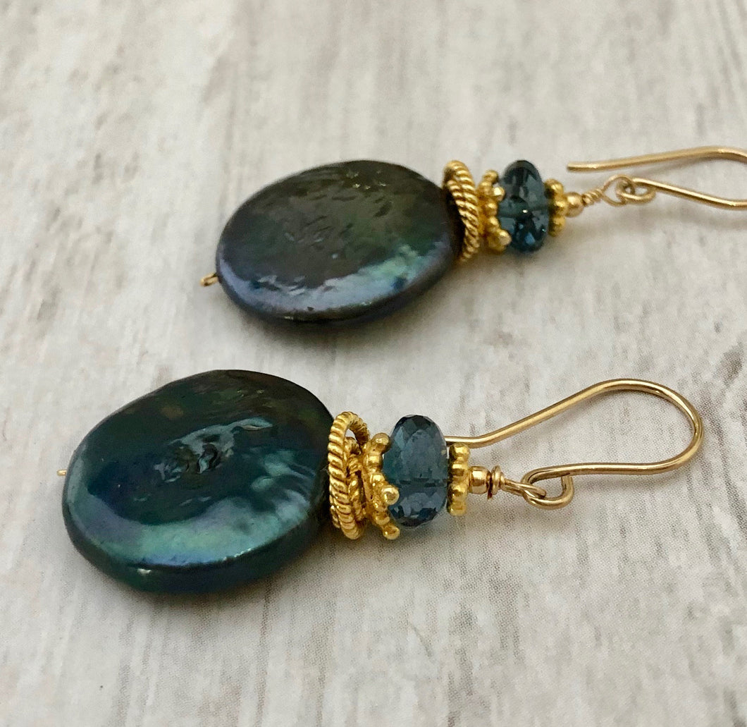 Large Green Coin Pearl and London Blue Topaz Earrings in 14K Gold Fill
