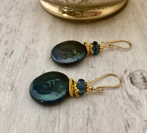 Large Green Coin Pearl and London Blue Topaz Earrings in 14K Gold Fill